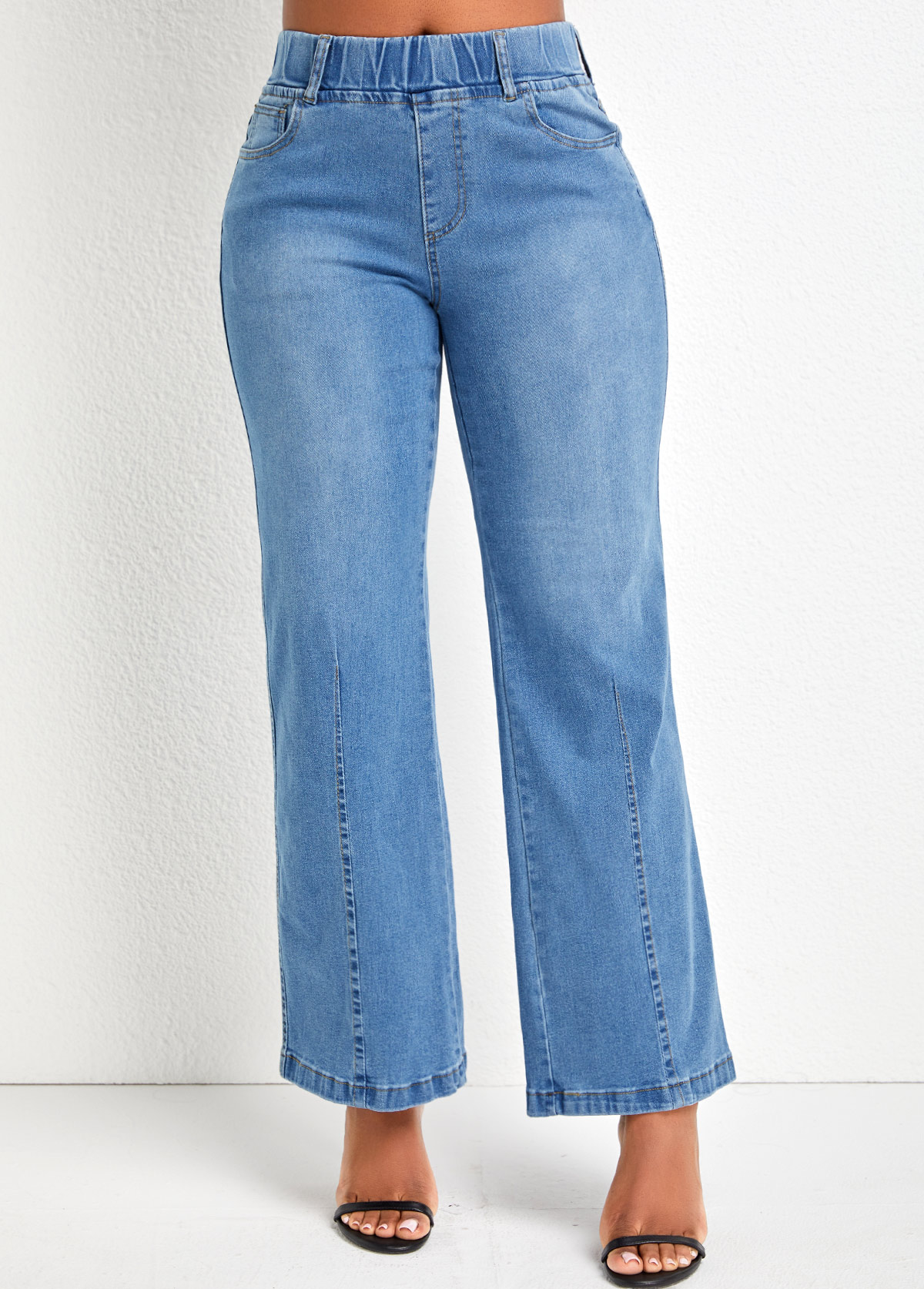 Pocket Denim Blue Flare Leg Elastic Waist Jeans