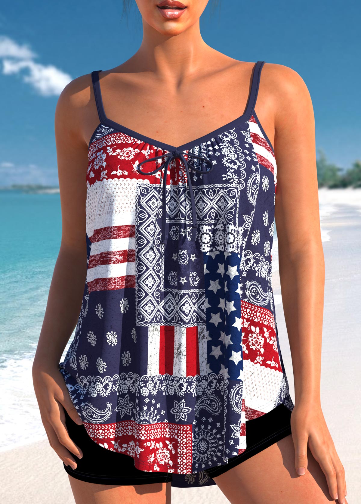 ROTITA Patchwork Multi Color American Flag Print Tankini Top-No Bottom