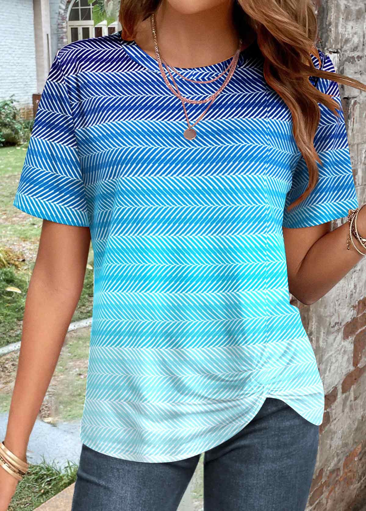 ROTITA Twist Ombre Cyan Round Neck T Shirt