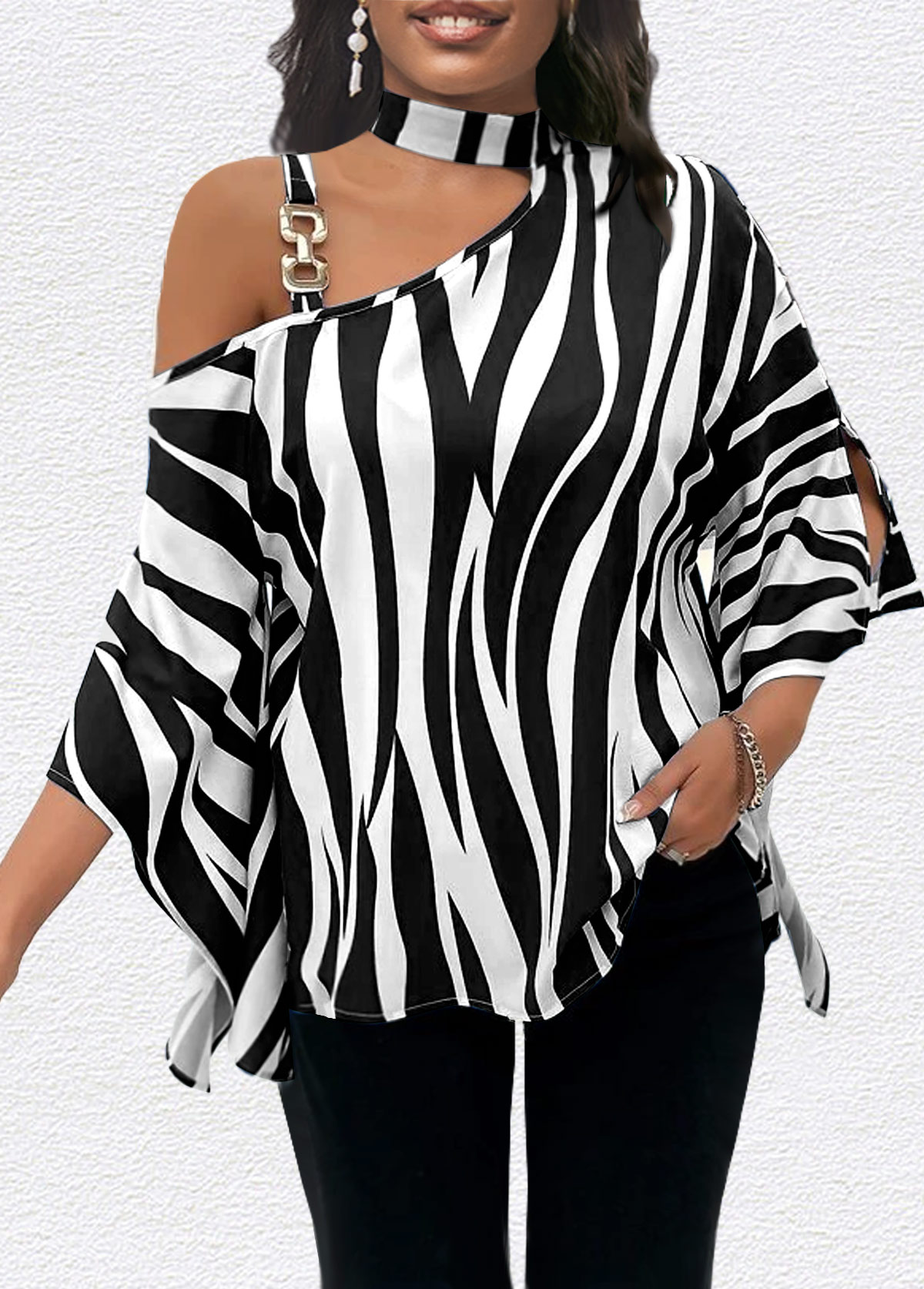 ROTITA Asymmetry Zebra Stripe Print Black T Shirt