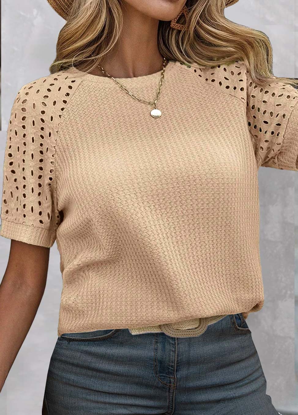 ROTITA Patchwork Light Coffee Round Neck T Shirt