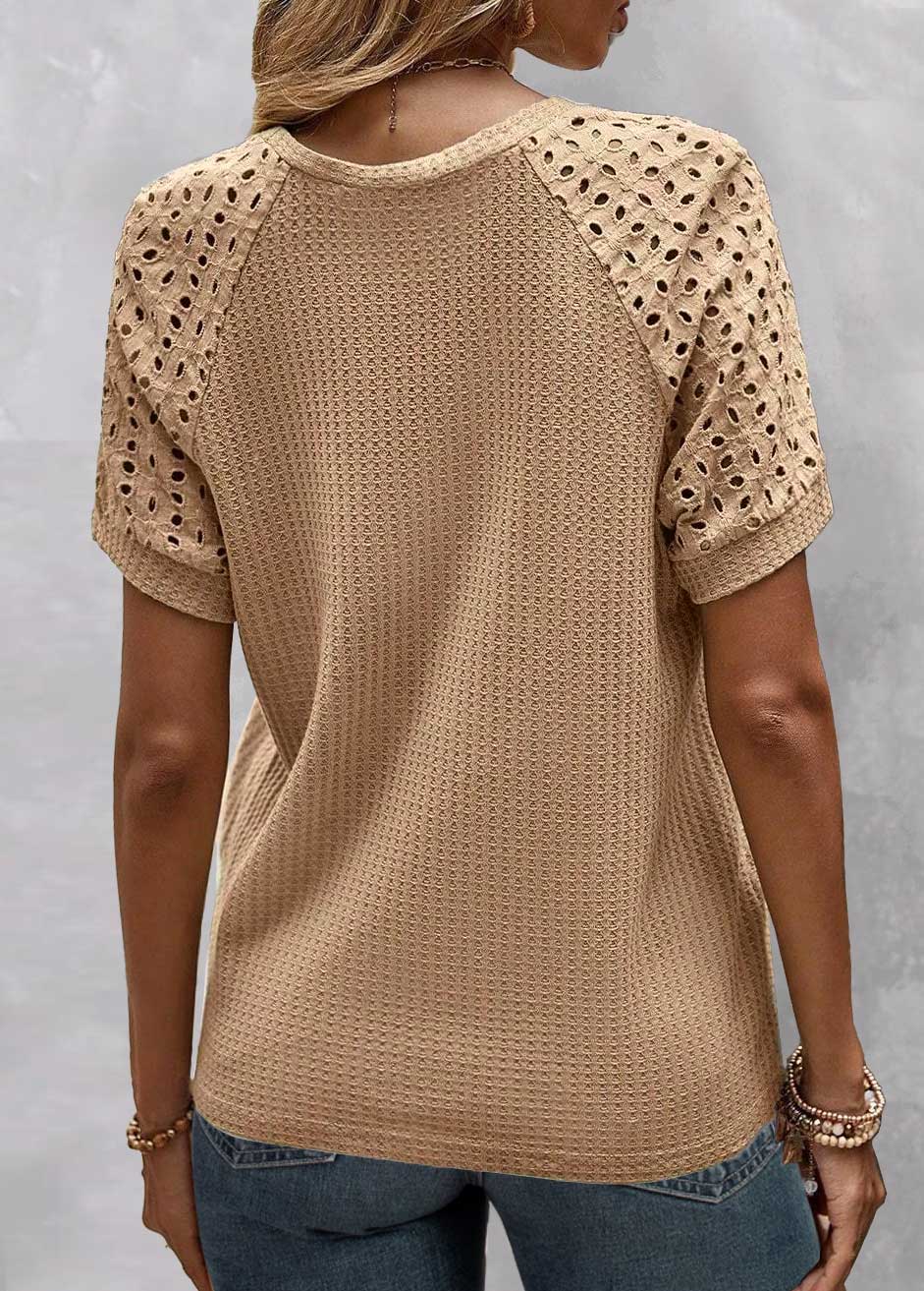 ROTITA Patchwork Light Coffee Round Neck T Shirt