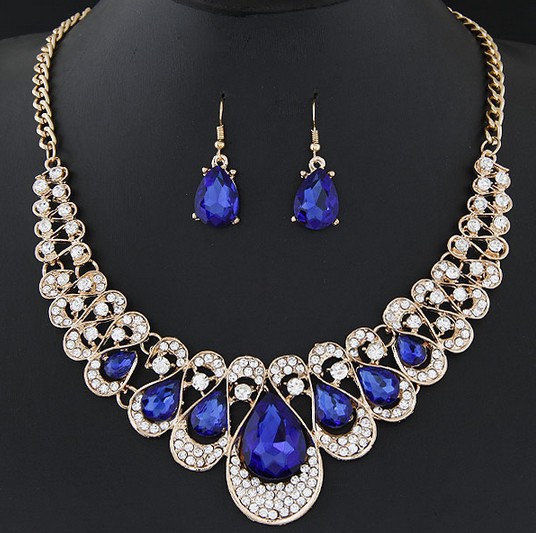 Teardrop Design Rhinestone Dark Blue Earrings and Necklace
