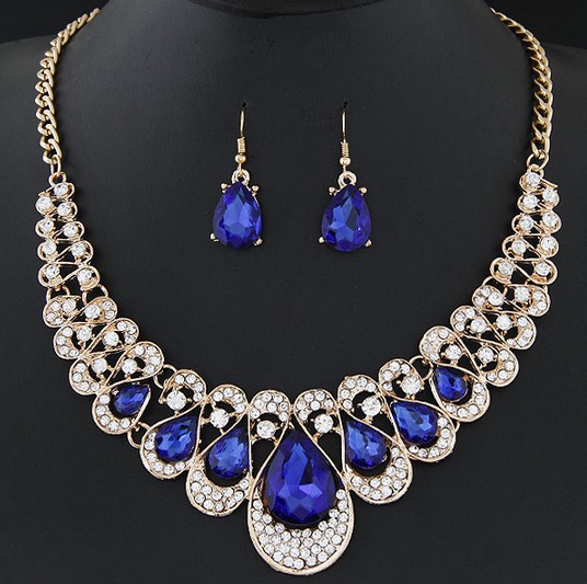 Dark Blue jewelry,Contrast Color jewelry,Teardrop Design Rhinestone Dark Blue Earrings and Necklace