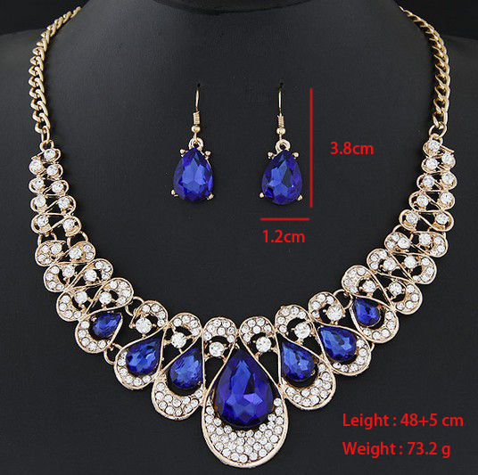 Dark Blue jewelry,Contrast Color jewelry,Teardrop Design Rhinestone Dark Blue Earrings and Necklace