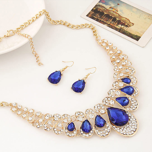 Dark Blue jewelry,Contrast Color jewelry,Teardrop Design Rhinestone Dark Blue Earrings and Necklace