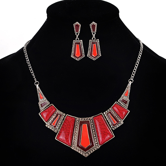 Retro Geometric Design Red Necklace and Earrings