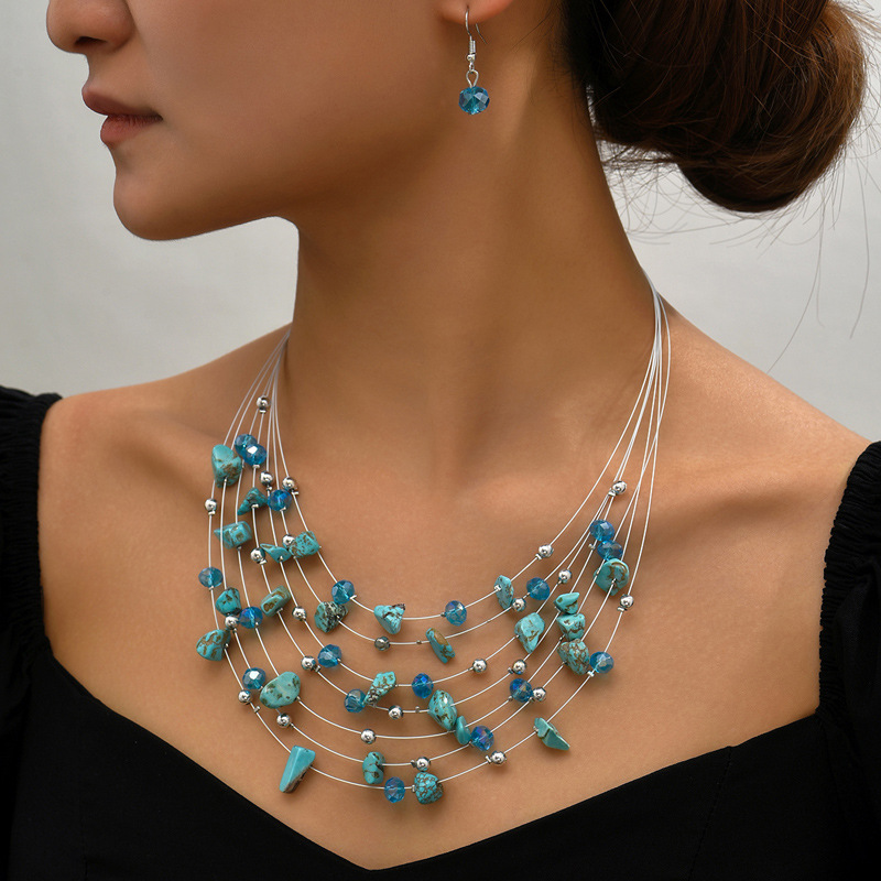Layered Design Blue Necklace and Earrings