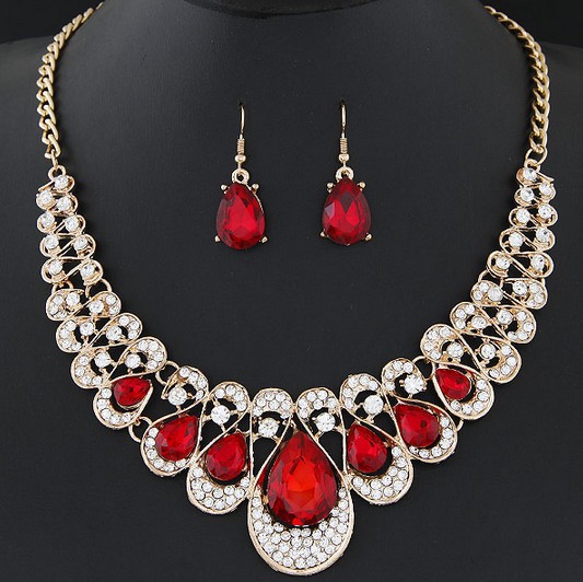 Red Alloy Detail Necklace and Earrings