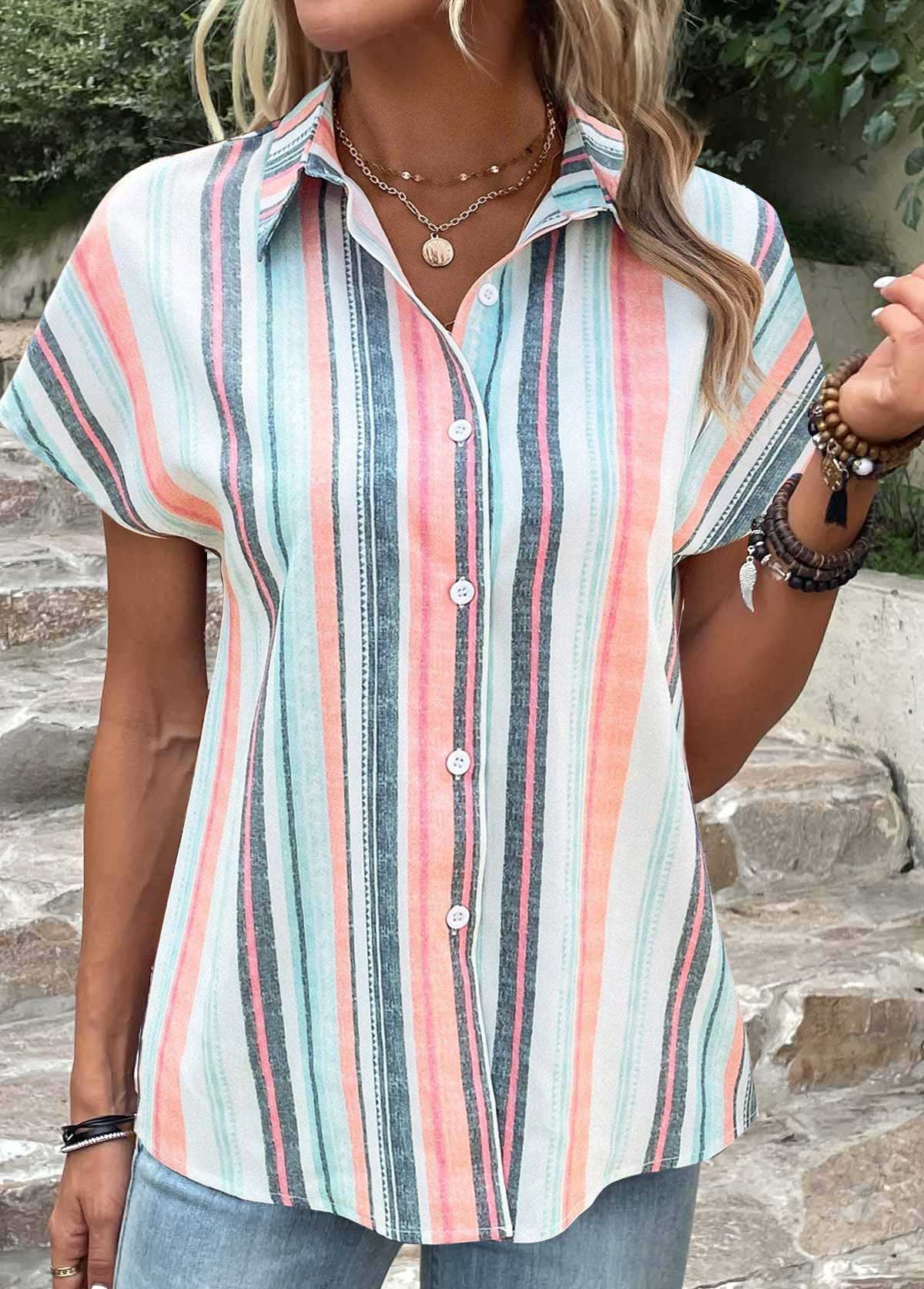 Multi Color tops,Rainbow Color tops,Striped tops,Geometric tops,ROTITA Button Striped Multi Color Shirt Collar Blouse
