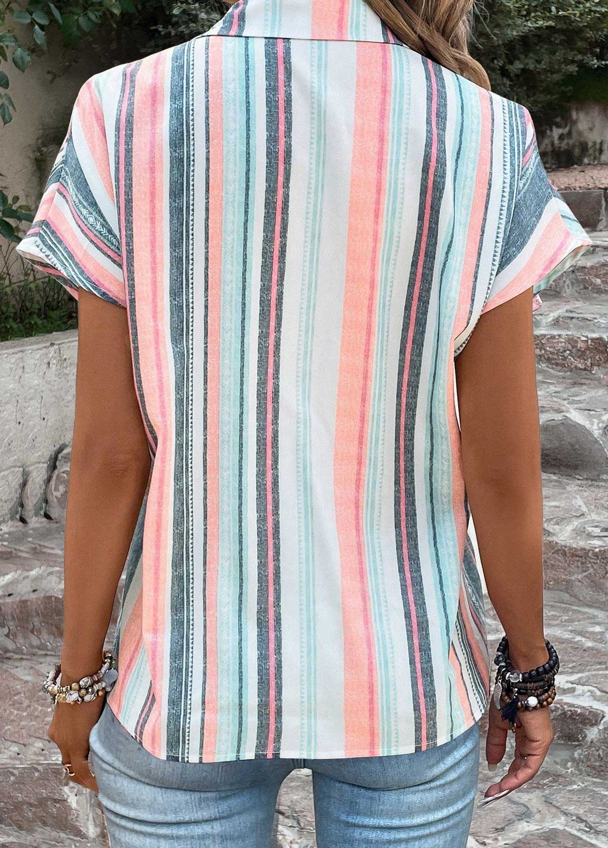 Multi Color tops,Rainbow Color tops,Striped tops,Geometric tops,ROTITA Button Striped Multi Color Shirt Collar Blouse