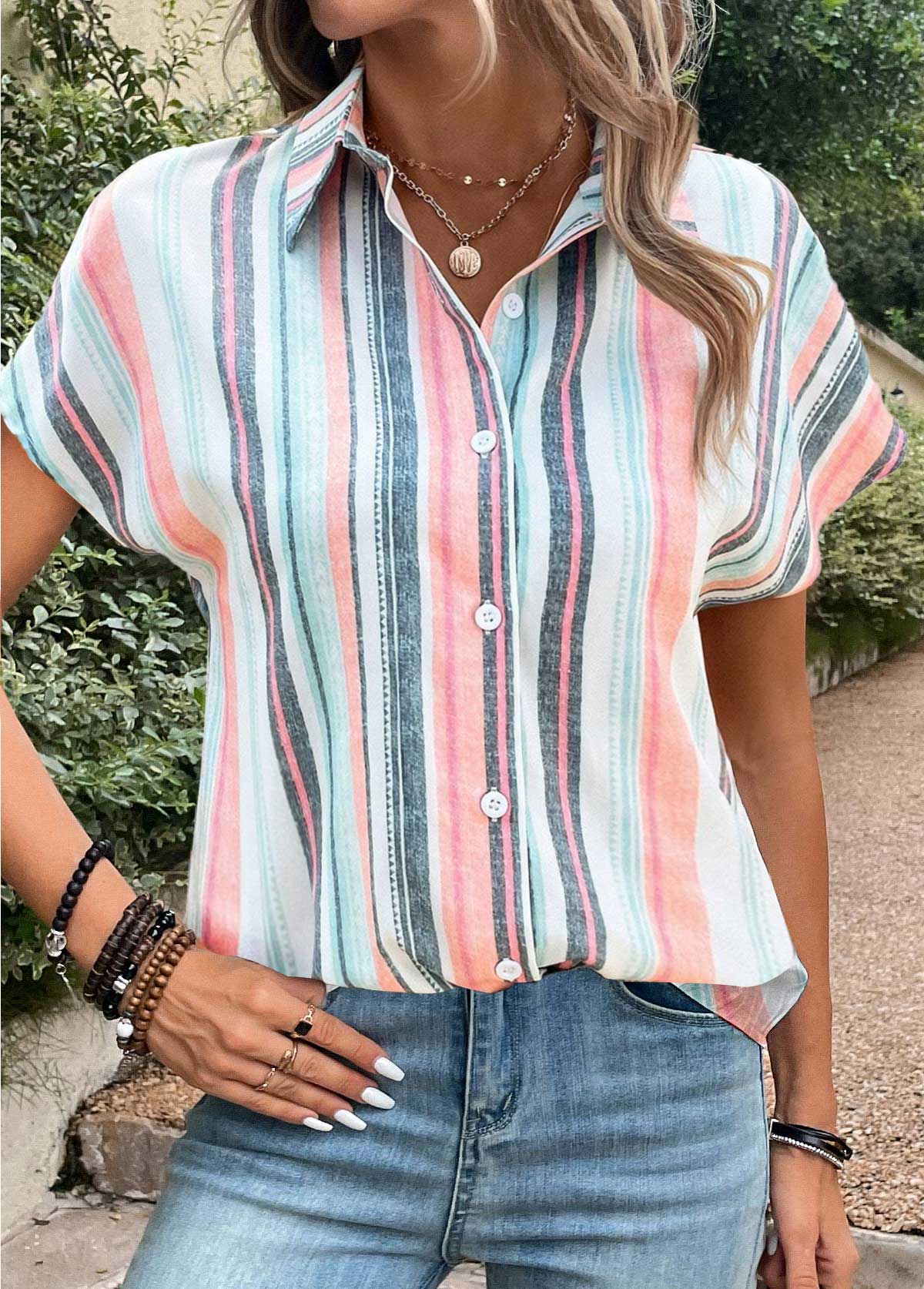 Multi Color tops,Rainbow Color tops,Striped tops,Geometric tops,ROTITA Button Striped Multi Color Shirt Collar Blouse