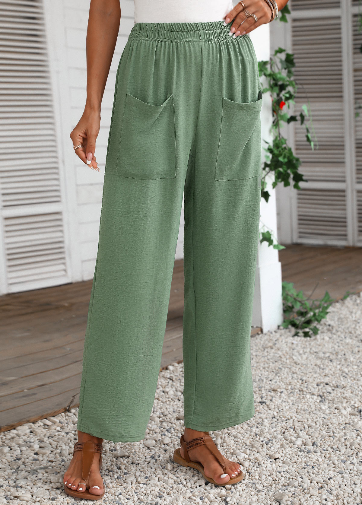 Pocket Sage Green Regular Elastic Waist Pants