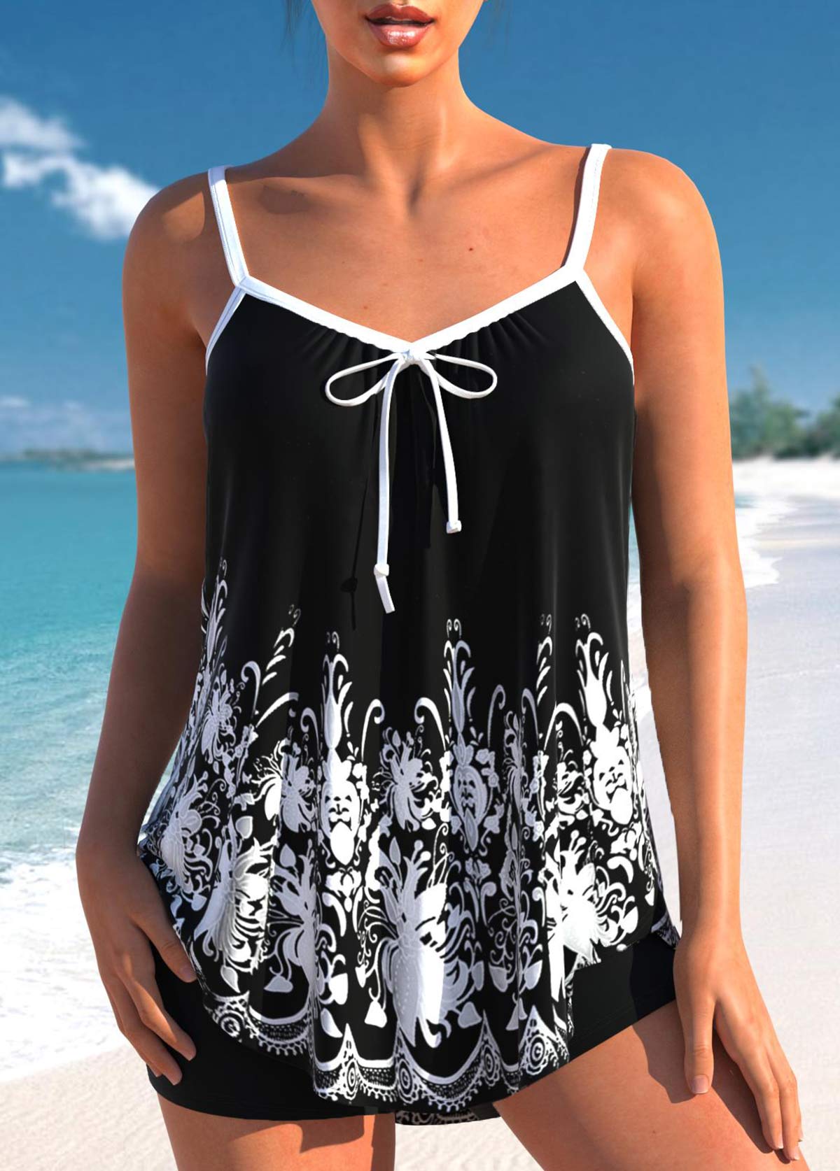 Bowknot Black Tribal Print Tankini Set