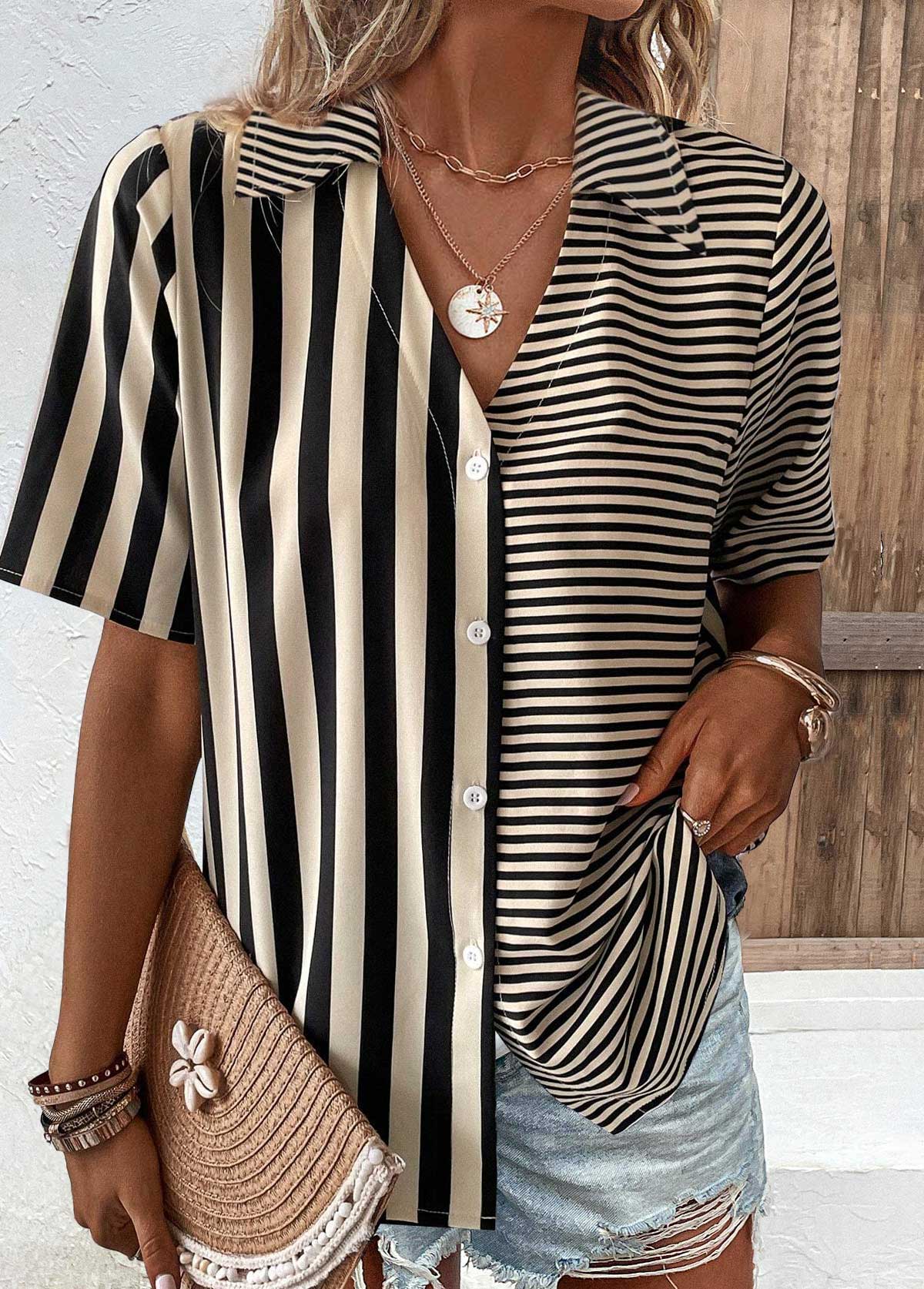 ROTITA Button Striped Dark Camel Turn Down Collar Blouse