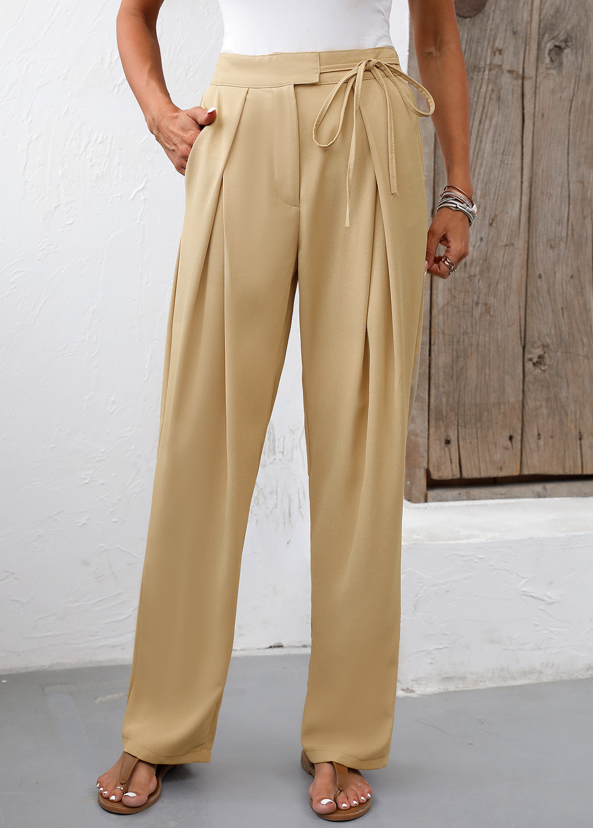 Pocket Light Camel Regular Elastic Waist Pants