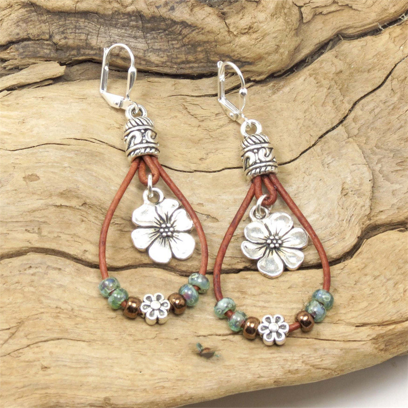 Floral Design Oval Silver Alloy Earrings