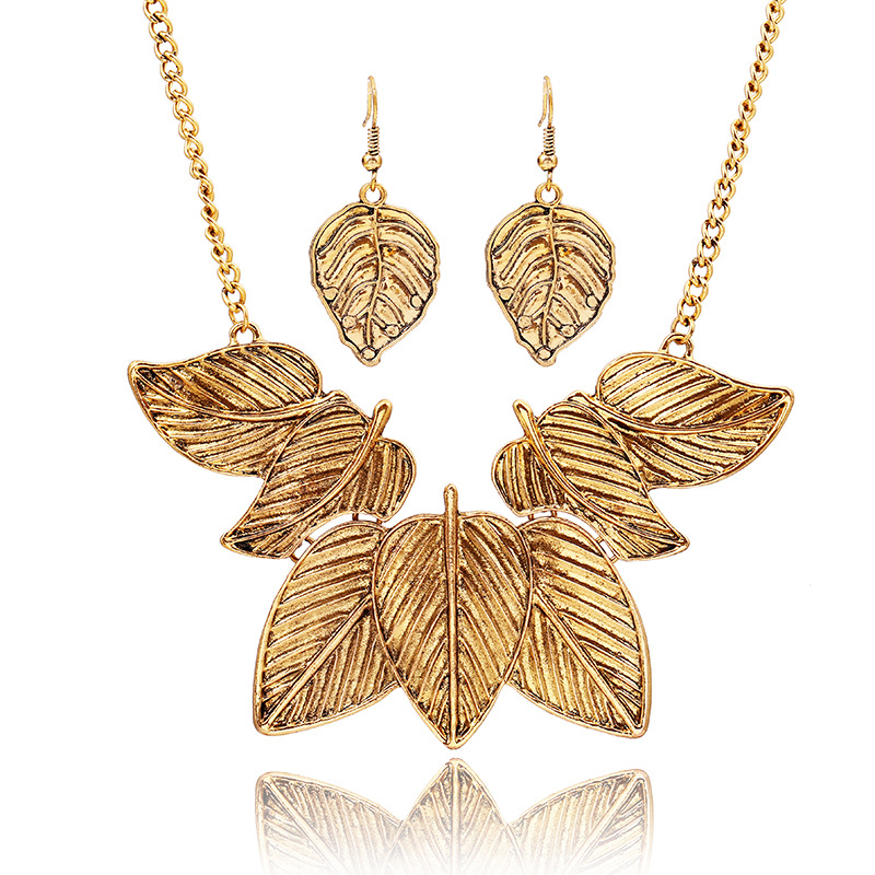 Leaf Design Gold Necklace and Earrings