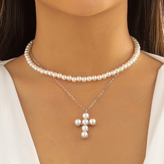 Silvery White jewelry,Other jewelry,Cross Pearl Layered Silvery White Necklace