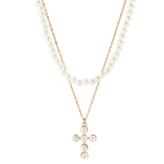 Silvery White jewelry,Other jewelry,Cross Pearl Layered Silvery White Necklace