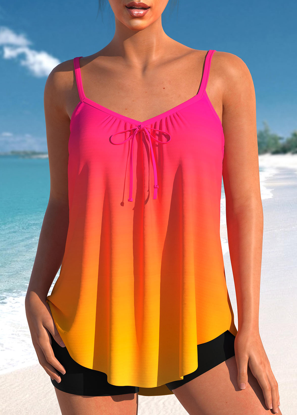 Bowknot Neon Rose Red Ombre Tankini Set