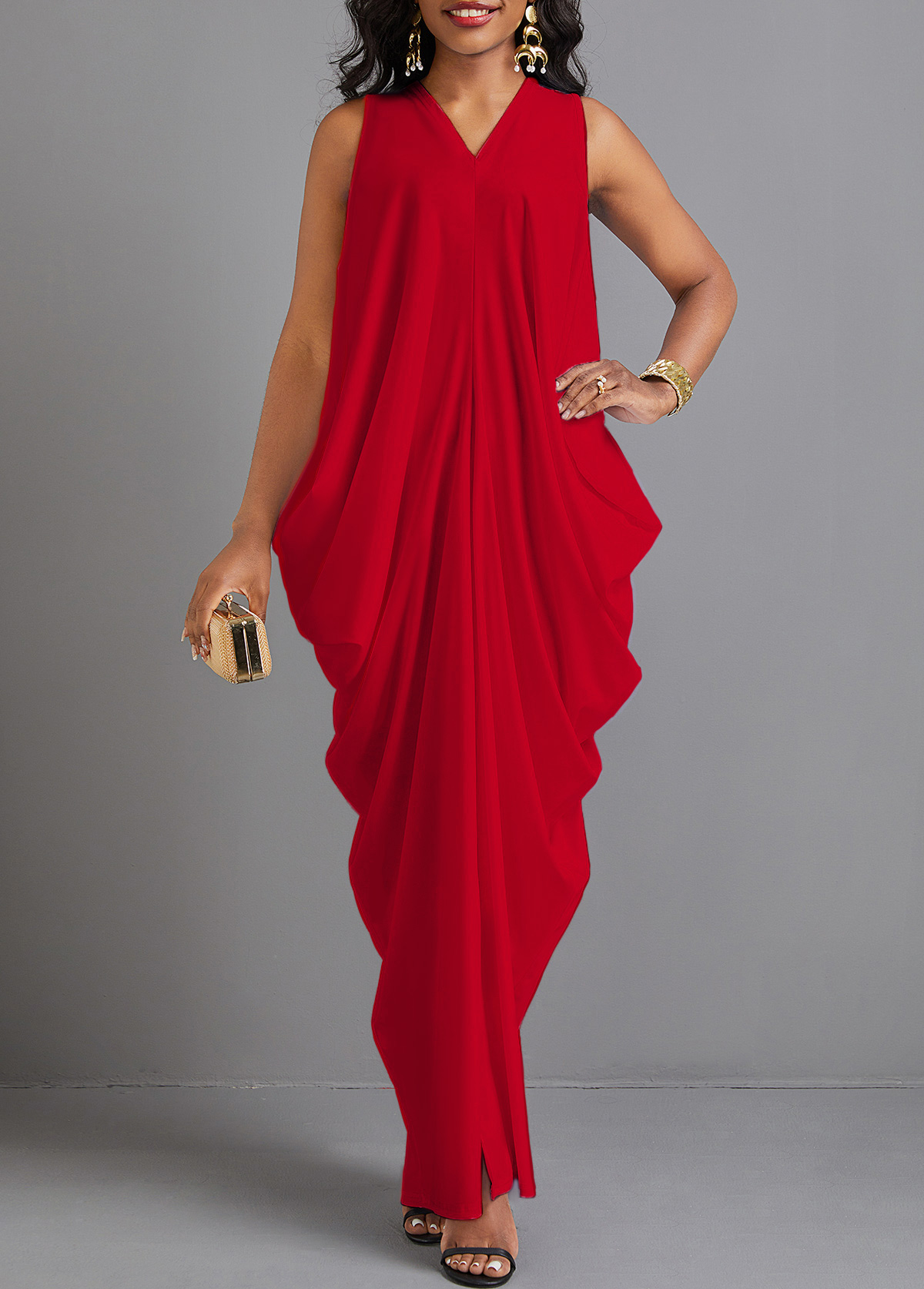 Split Red O Shape V Neck Maxi Dress