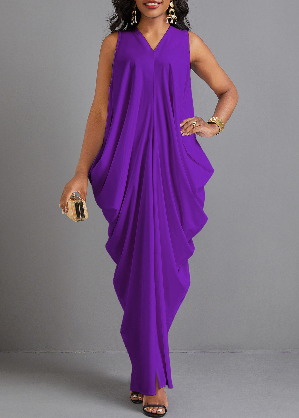 Split Purple O Shape V Neck Maxi Dress