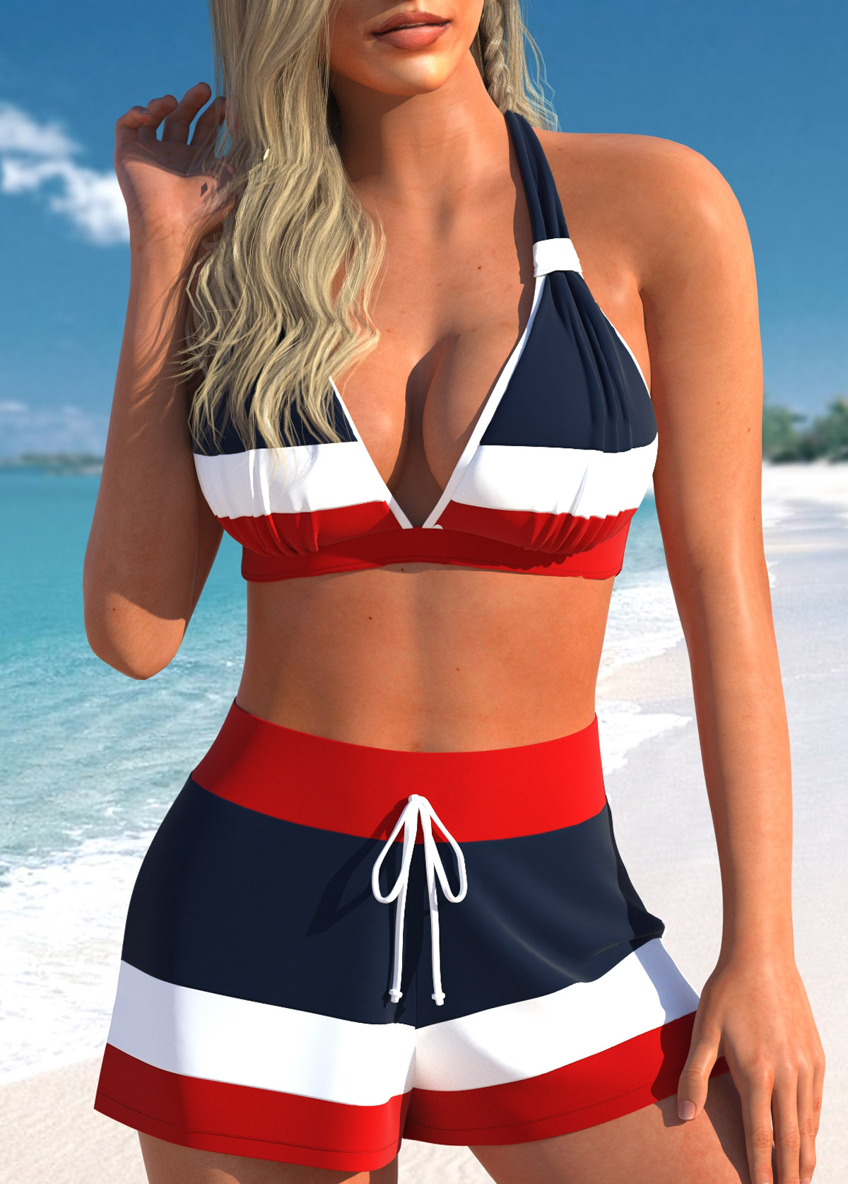 ROTITA Drawstring Navy Striped High Waisted Bikini Set