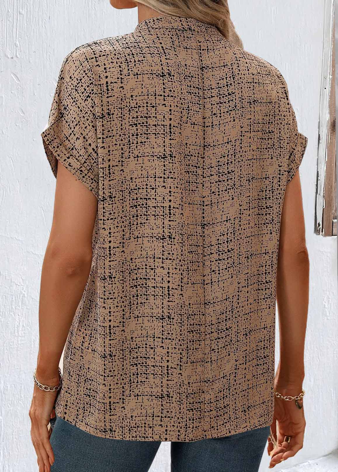 Light Coffee tops,Geometric tops,ROTITA Plus Size Light Coffee Geometric Print Split Neck Blouse