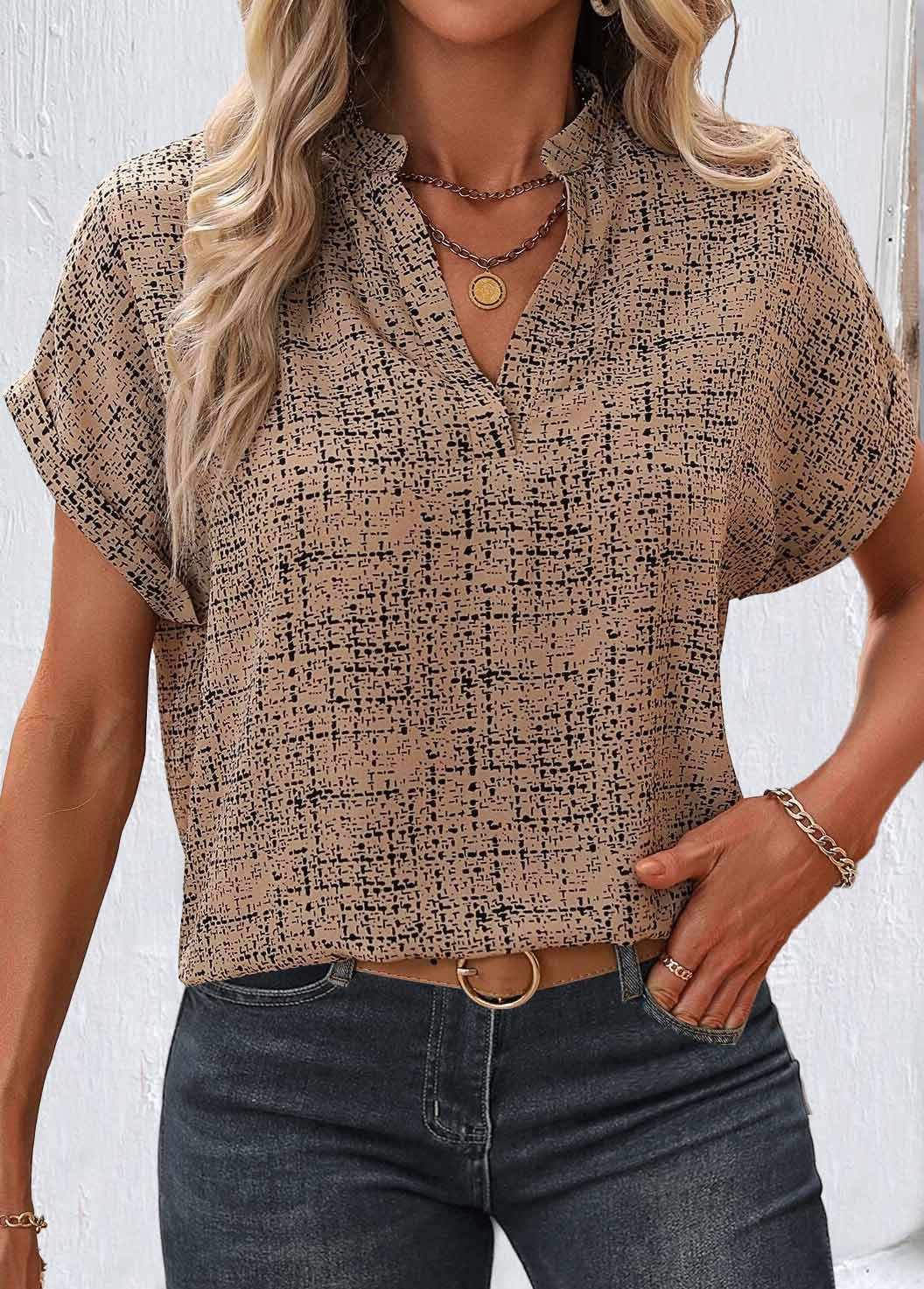 Light Coffee tops,Geometric tops,ROTITA Plus Size Light Coffee Geometric Print Split Neck Blouse