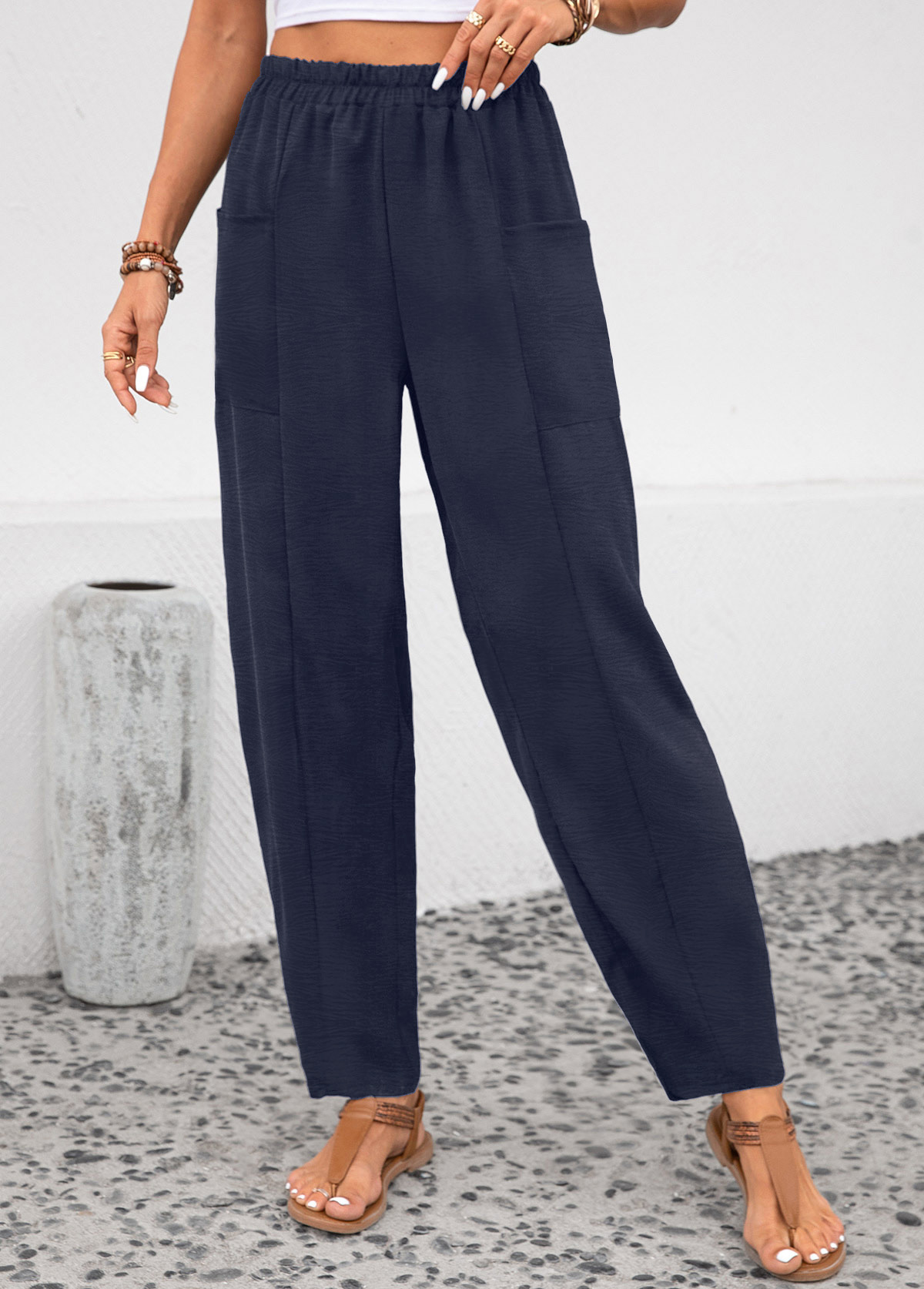 Navy Elastic Waist Pocket High Waisted Pants