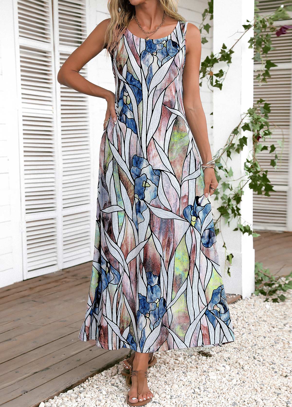 robe longue multicolore à imprimé feuilles