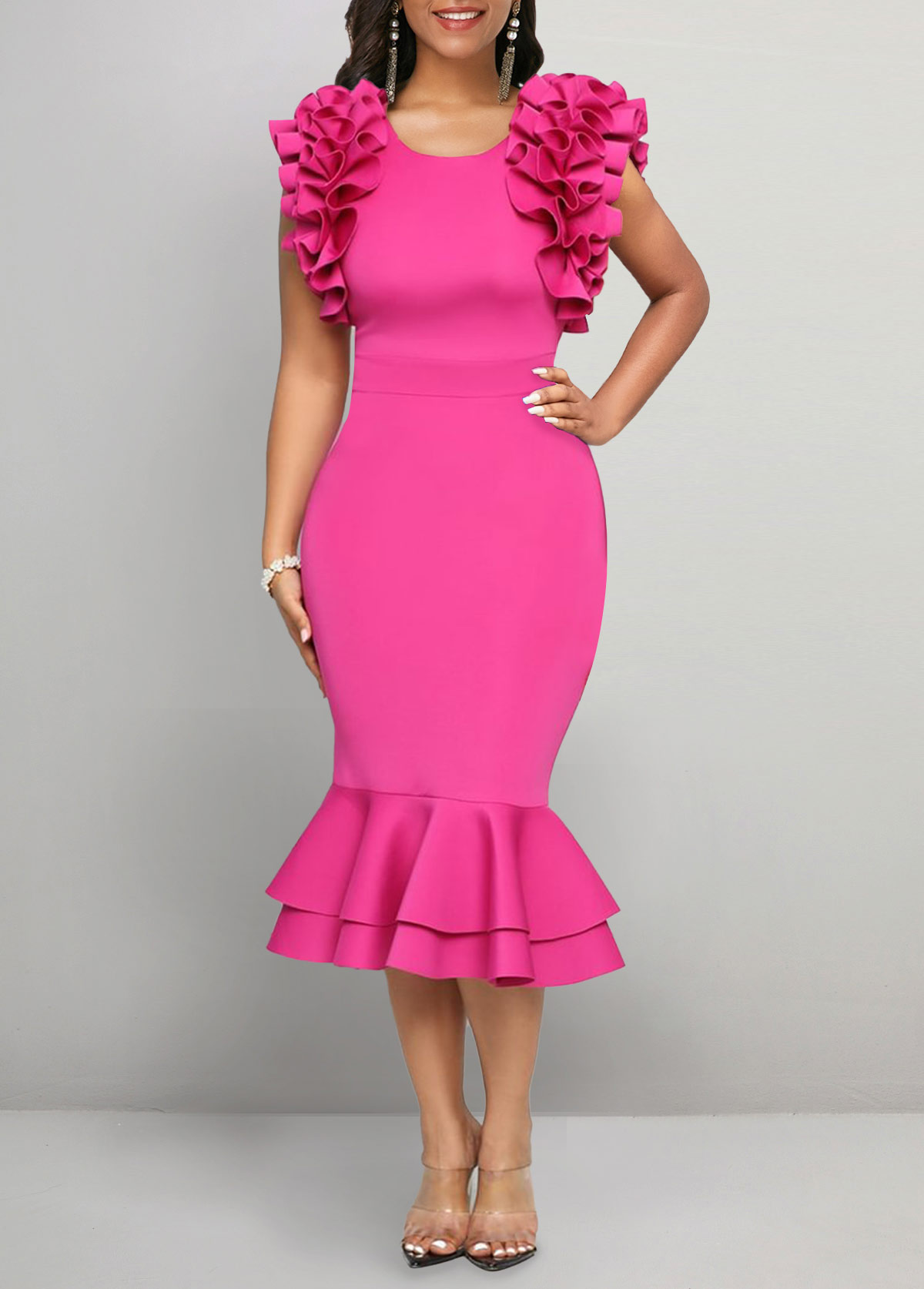 ROTITA Ruffle Hot Pink Round Neck Bodycon Dress