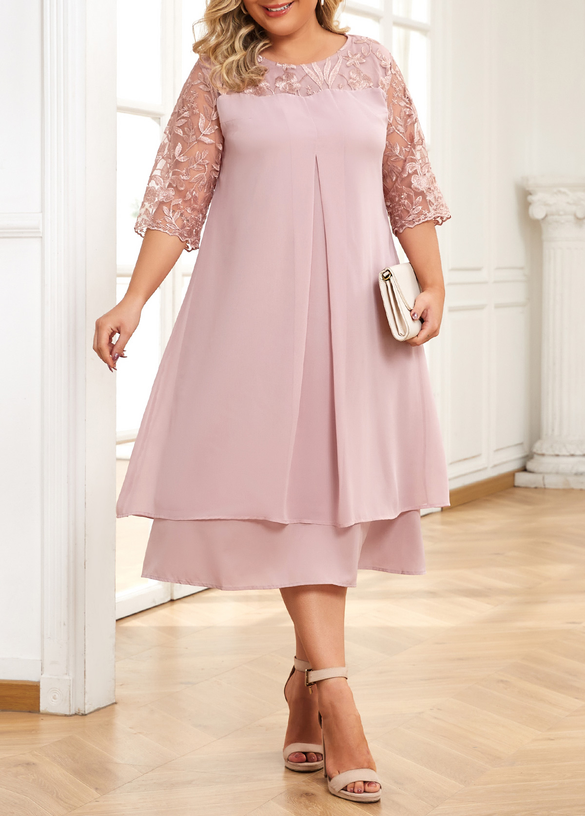 Plus Size Embroidery Light Pink A Line Dress