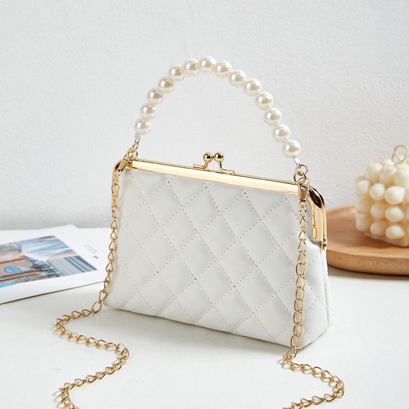 White Pearl Detail Chains Clasp Crossbody Bag