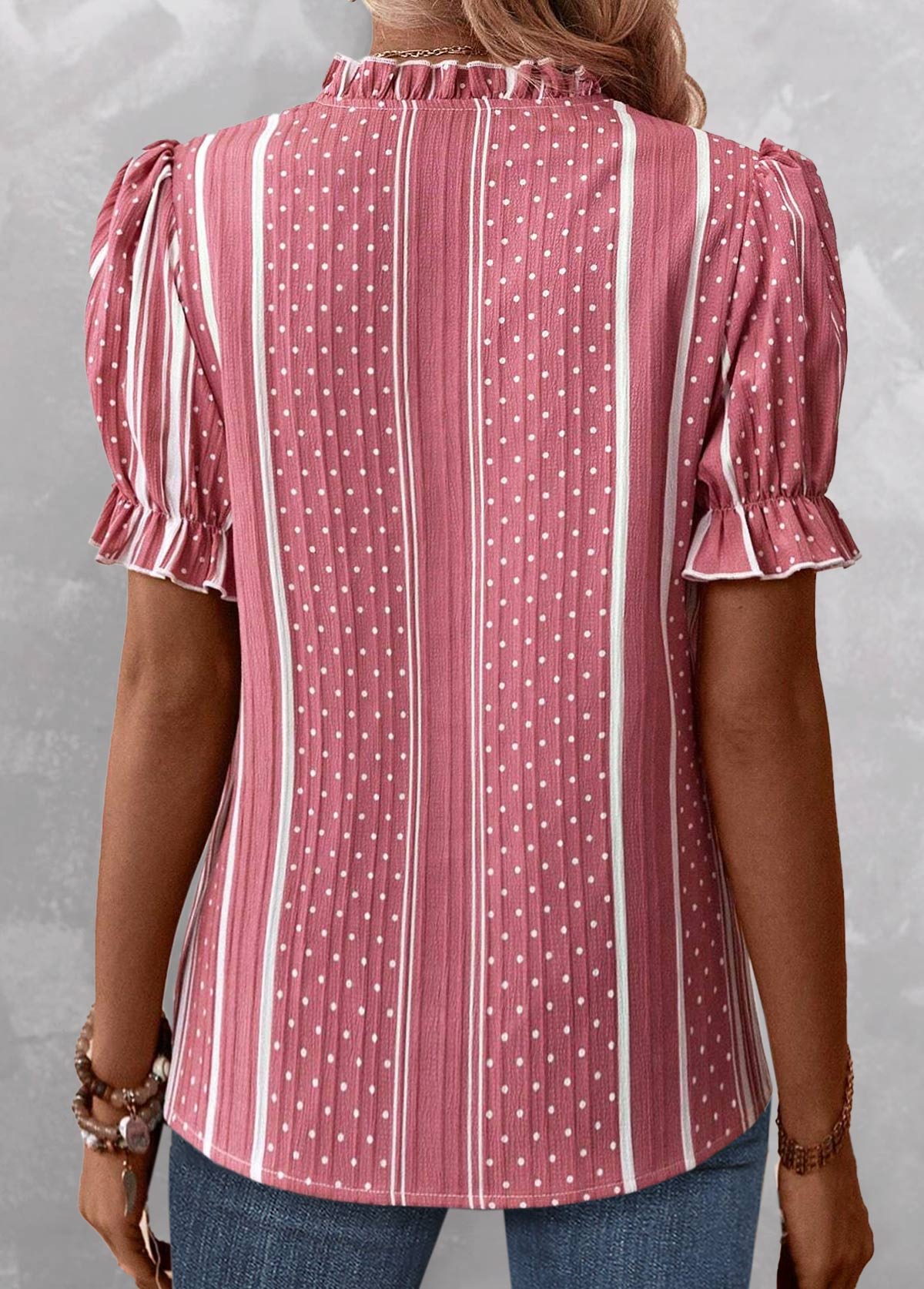 Pink tops,Striped tops,Dot tops,ROTITA Split Striped Pink Short Sleeve Blouse
