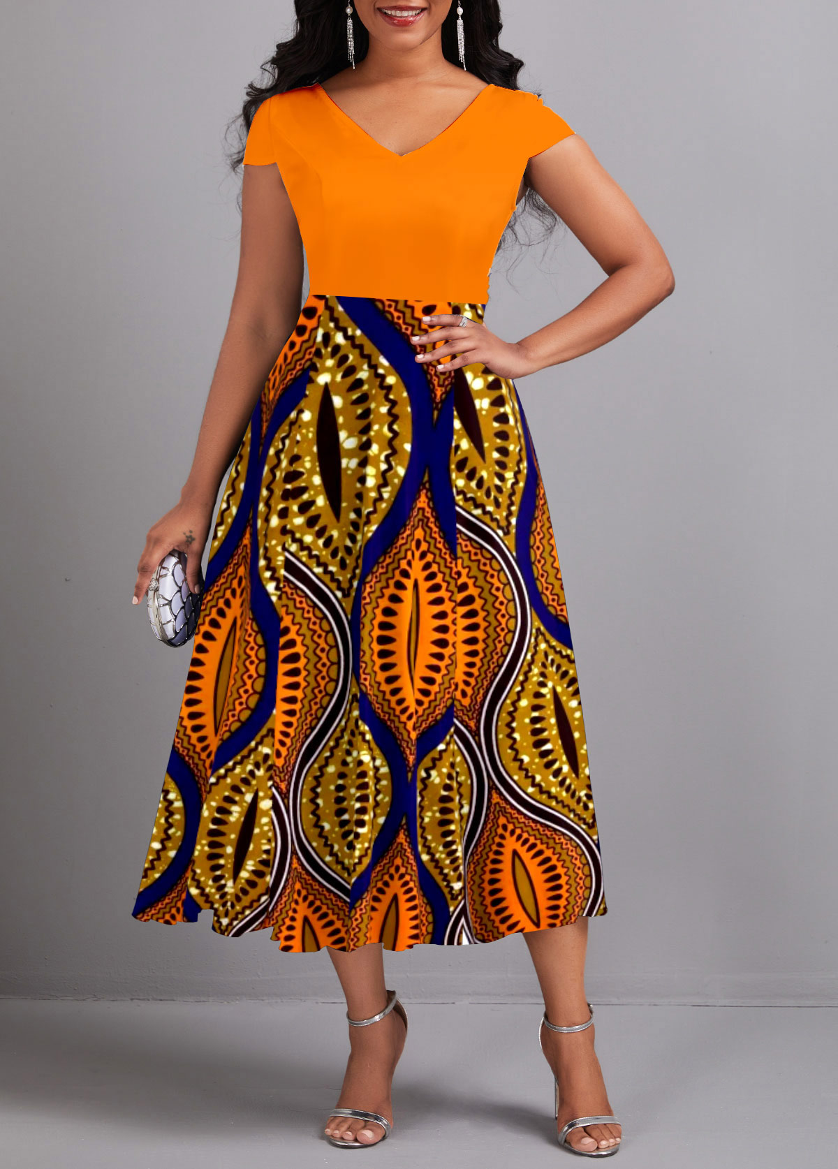 ROTITA Umbrella Hem Tribal Print Orange V Neck Dress