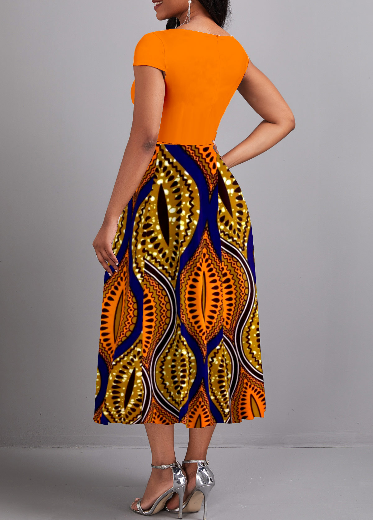 Orange dresses,Tribal dresses,Party dresses,Elegant dresses,ROTITA Umbrella Hem Tribal Print Orange V Neck Dress