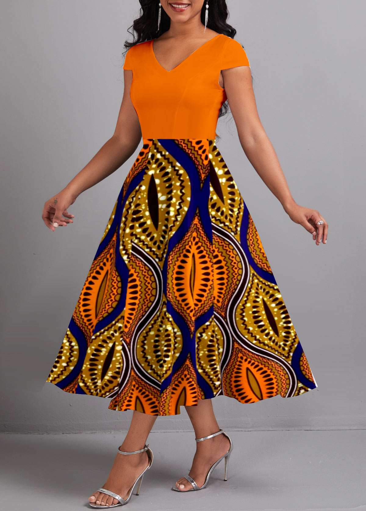Orange dresses,Tribal dresses,Party dresses,Elegant dresses,ROTITA Umbrella Hem Tribal Print Orange V Neck Dress