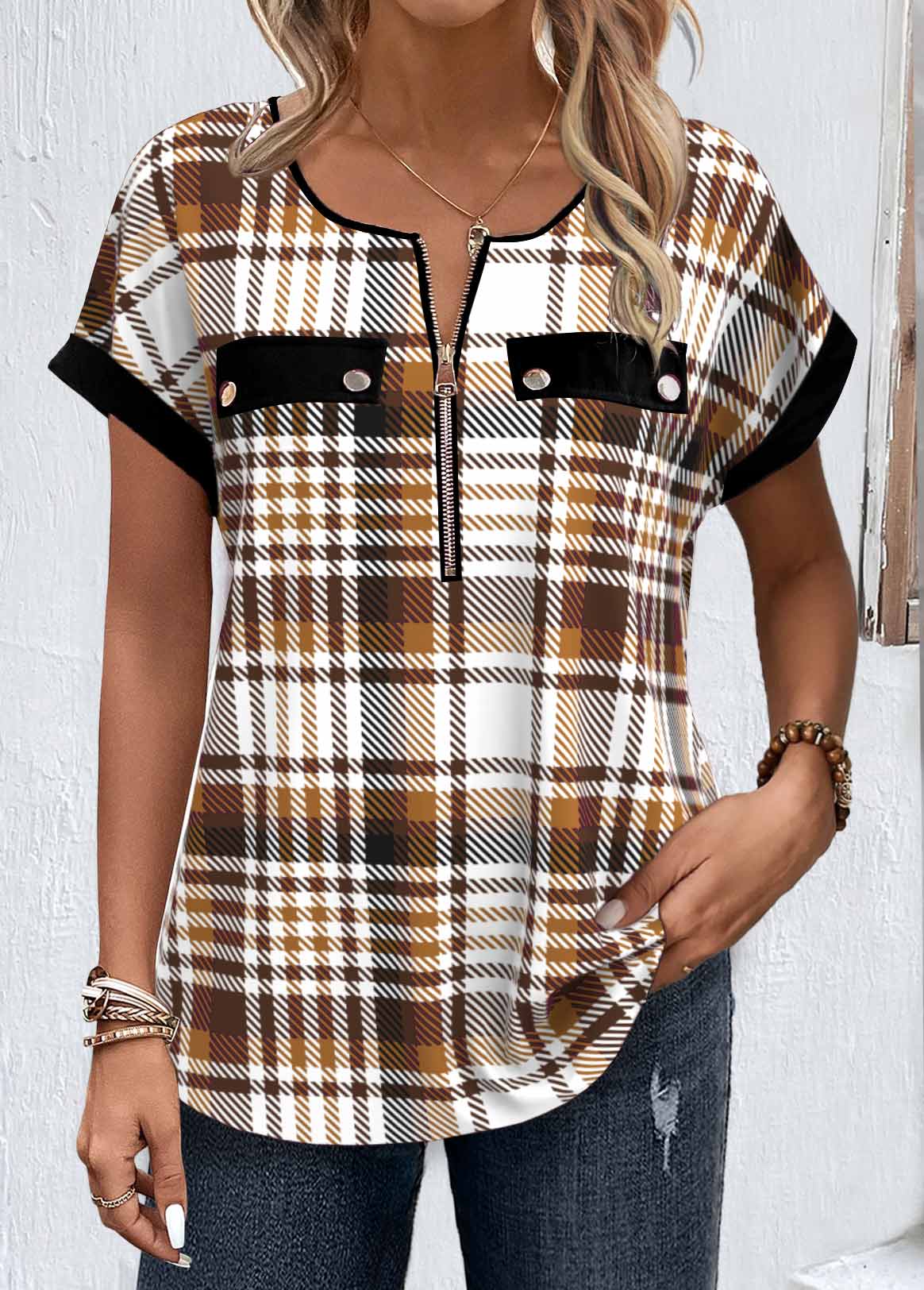 ROTITA Zipper Plaid Light Coffee Round Neck Blouse