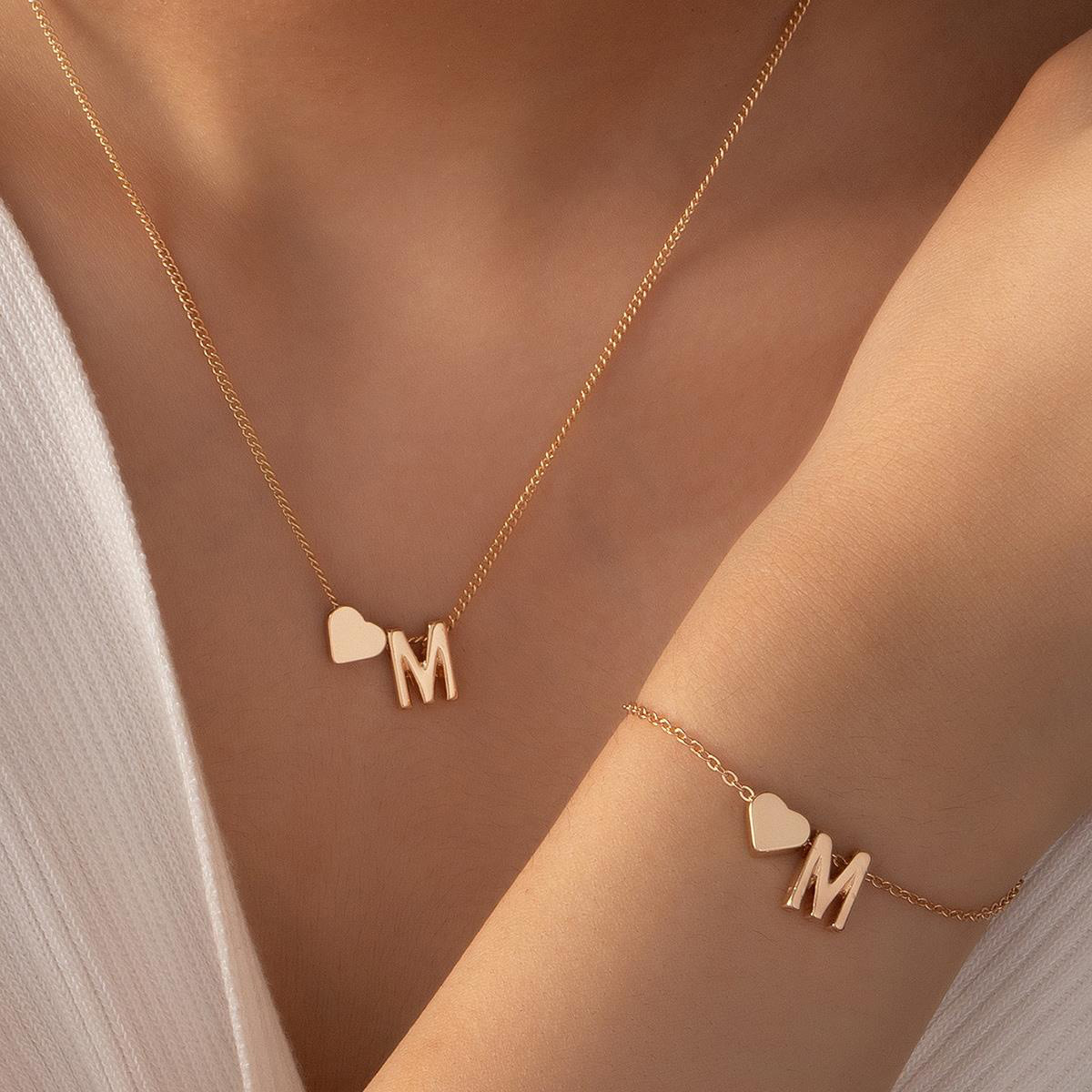 Gold jewelry,Letter jewelry,Heart jewelry,Metal Gold Heart Letter Necklace and Bracelet
