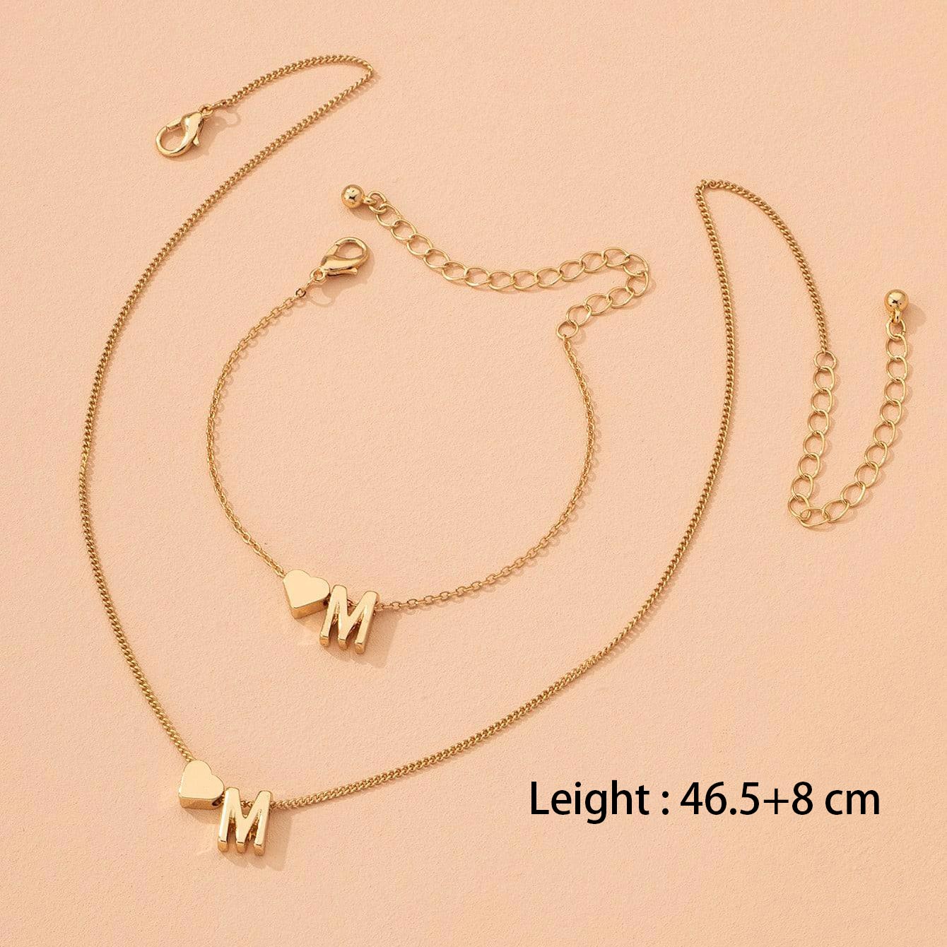 Gold jewelry,Letter jewelry,Heart jewelry,Metal Gold Heart Letter Necklace and Bracelet