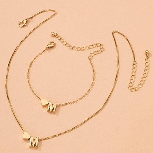 Gold jewelry,Letter jewelry,Heart jewelry,Metal Gold Heart Letter Necklace and Bracelet