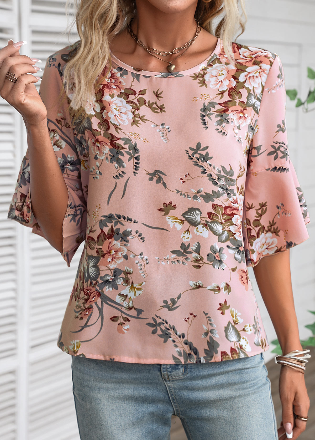 Button Floral Print Dusty Pink Round Neck Blouse