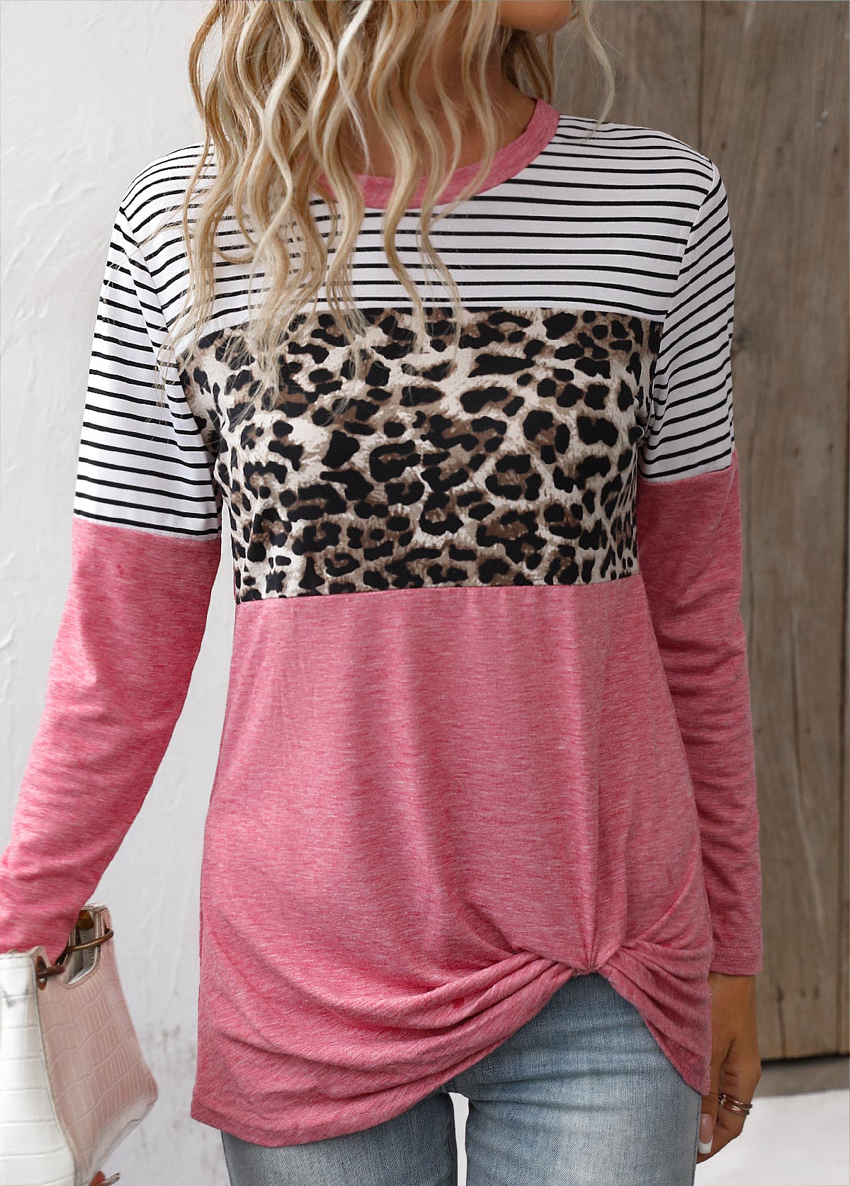 Twist Leopard Pink Round Neck T Shirt
