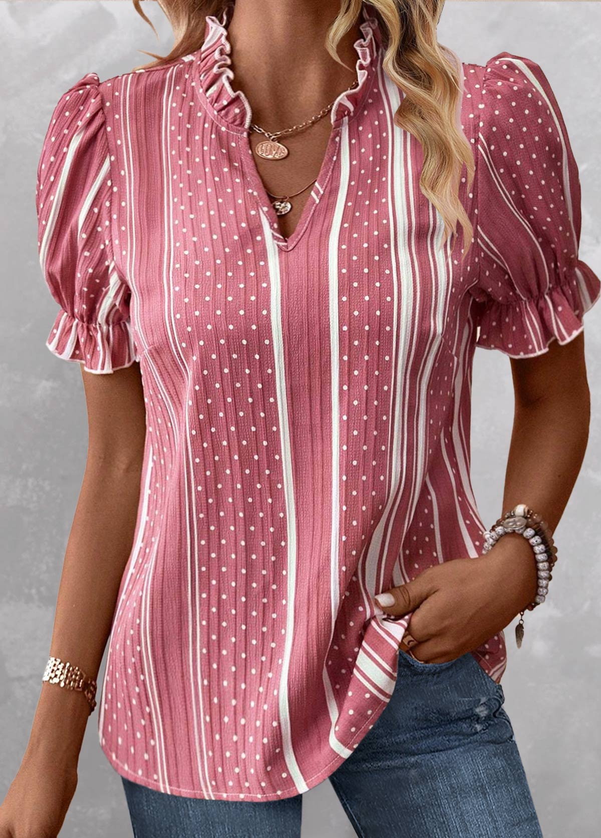 ROTITA Plus Size Frill Pink Striped Split Neck Blouse