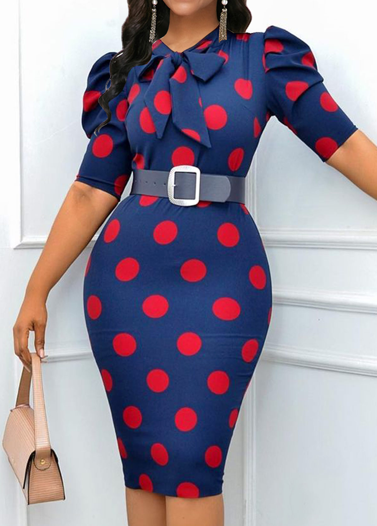 ROTITA Bowknot Polka Dot Navy Bodycon Dress