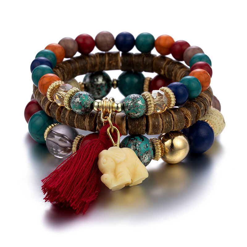 Tassel Wood Detail Round Wine Red Bracelets Set