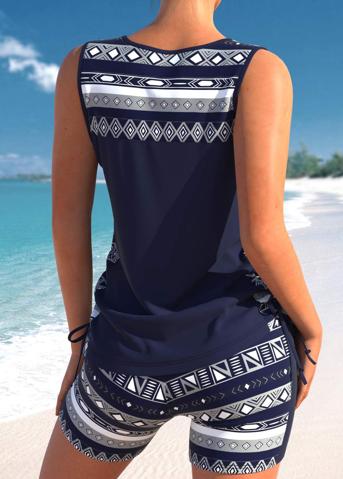 Navy swimwear,Geometric swimwear,Striped swimwear,ROTITA Drawstring Navy Geometric Print Mid Waisted Tankini Set
