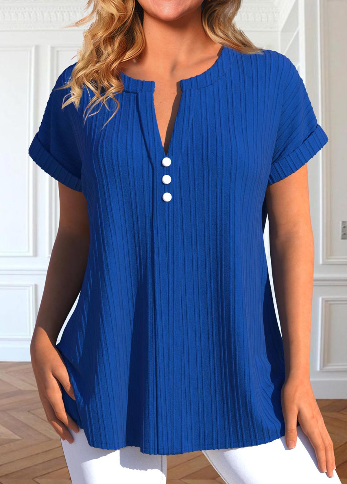 ROTITA Button Royal Blue Split Neck Short Sleeve Blouse